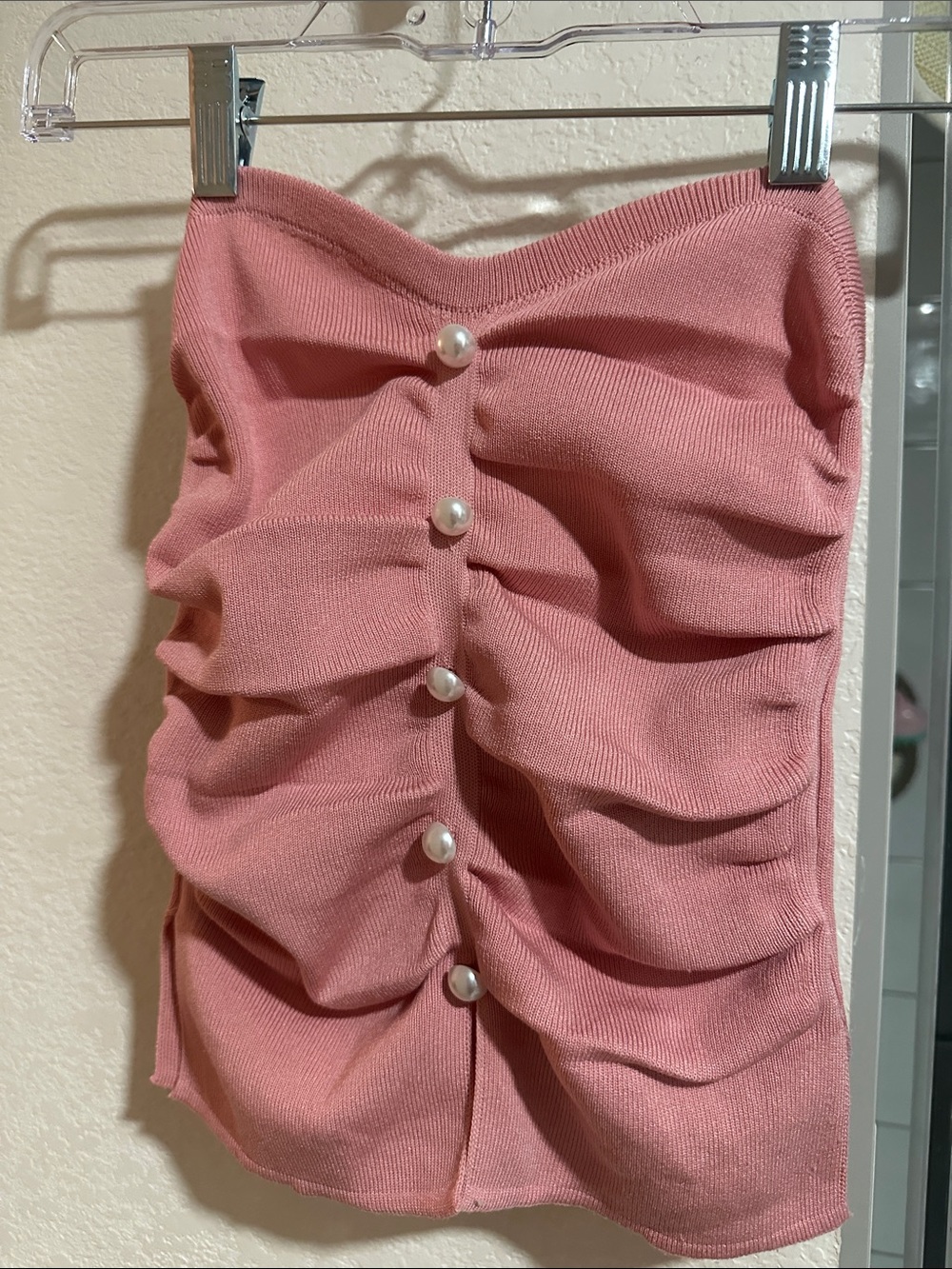 Amazon Pink Ruched Strapless Crop Top with Pearl Buttons